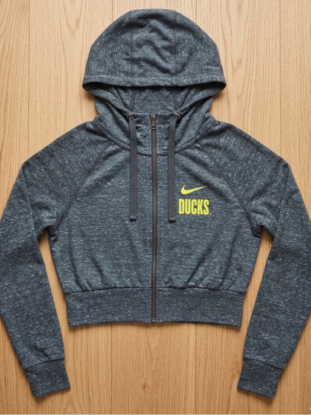 Nike Gray Heather Crop Hoodie with Neon Yellow Ducks Logo